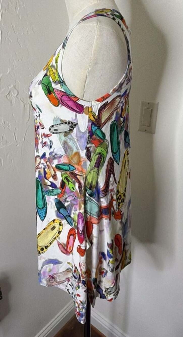 Karen Kane Women's Multi Shoe Print Stretch Jersey Handkerchief Tank Dress S - Picture 2 of 5